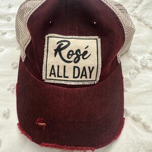 Rosé All Day Trucker Hat Distressed Burgundy Mesh Back Headmost